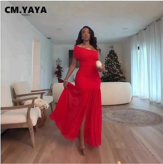 CM.YAYA Women One Shoulder Skew Neck High Split Pleated Hem Bodycon Long Maxi Dress 2025 Evening Sexy Club Party Dresses Vestido