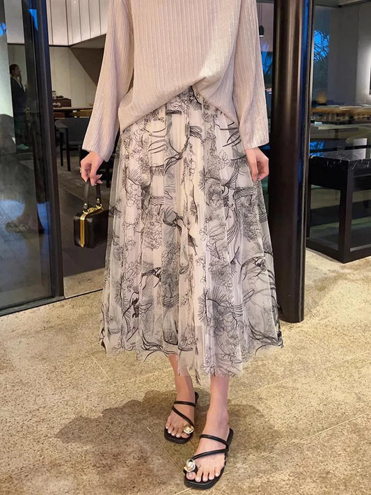Women Flocking Flower  Bird Tulle Gauze Skirt Elegant Sweet Elastic Waist Midi Floral Mesh Skirt For All Season