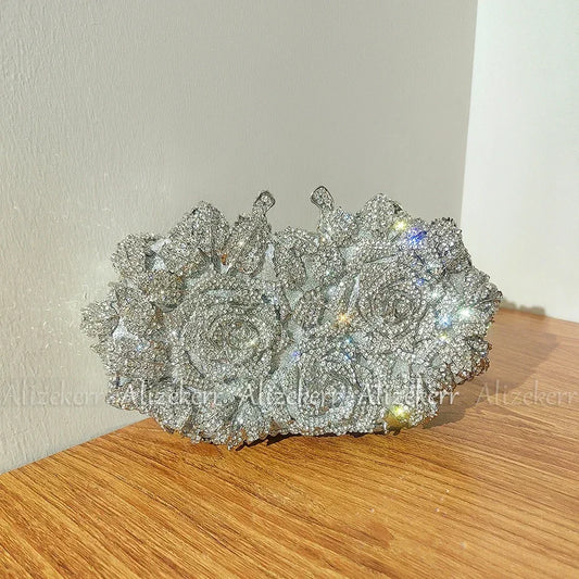 Alizekerr Rose Crystal Evening Clutch Bags Women New Luxury Boutique Sparkling Diamond Flower Purses And Handbags Wedding Party