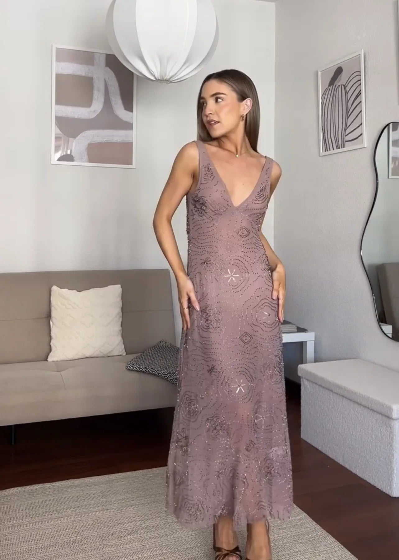 Beading Sequined Sling Long Dress Women Solid V-Neck Sleeveless Shiny Mesh Sexy Dresses 2025 New Summer Lady Party Evening Robes