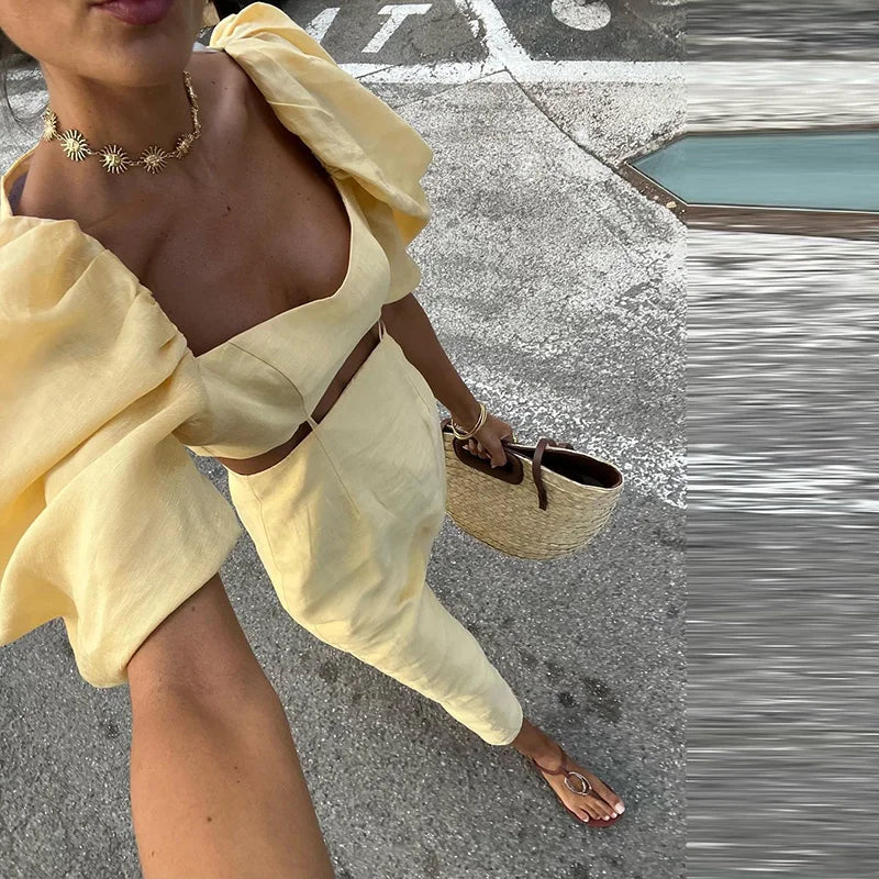 Womens Puff Sleeve Party Dress Ladies 2025 Hollow Waist High Street Summer Dress Elegant Solid Square Collar Holiday Long Dress