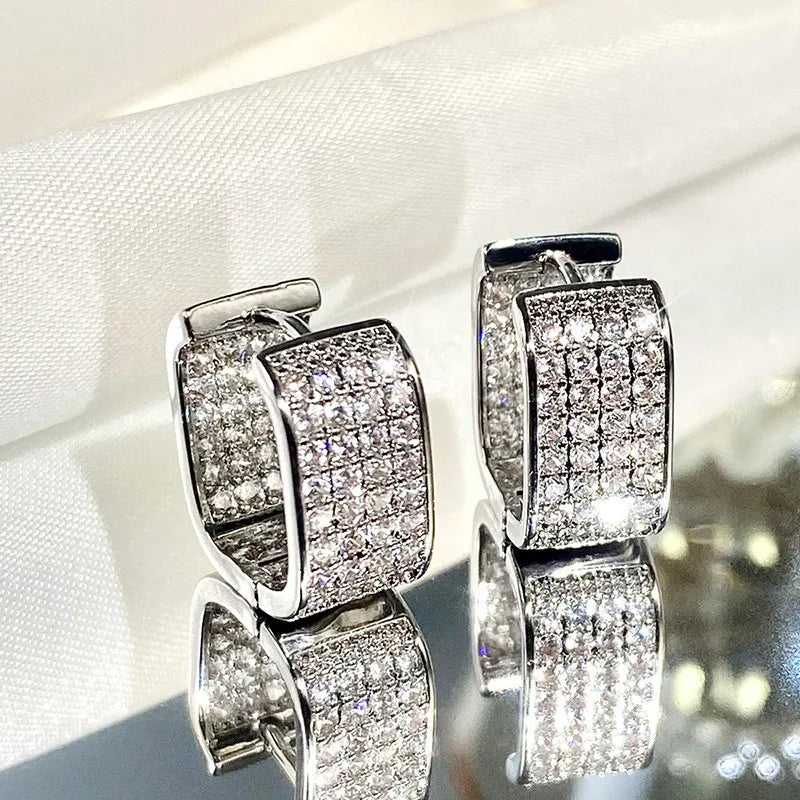 Original 925 Sterling Silver Full Zircon Earrings for Women Square Hoop Earrings Silver 925 Trendy Wedding Party Jewelry