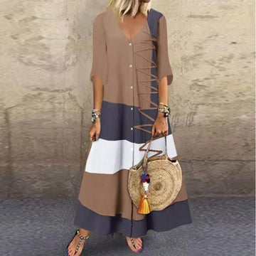 Summer Fashion Women's V-neck Short Sleeved Dress Color Block Patchwork Printed Dress Button Women's Casual Loose Long Dress