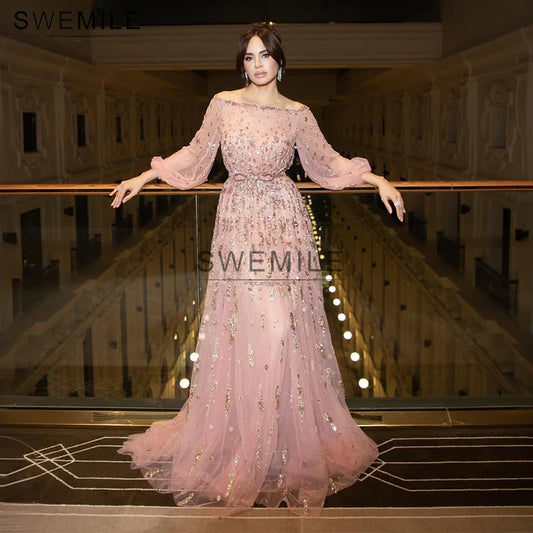 SWEMILE Saudi A-Line Off The Shoulder Bow Sash Evening Dress Dubai Party Prom Gowns Illusion Sleeves فساتين سهرة  Customized