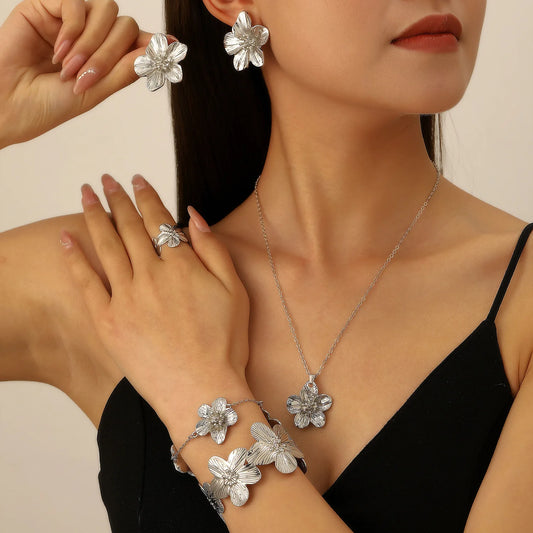 LATS Crinkled Textured Flowers Necklace Earrings Bracelet Anklet Ring Bracelet New Design Jewelry Set Fashion Accessories Gifts