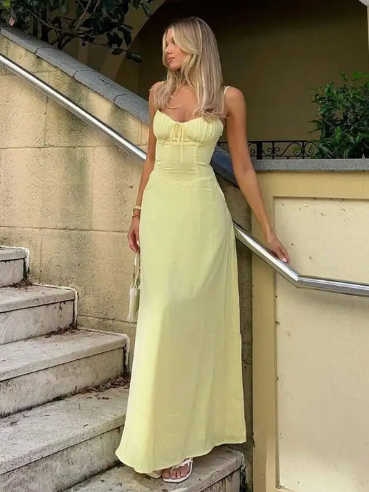 Elegant Maxi Long Waist Wrap A-line Dress Women Spaghetti Strap