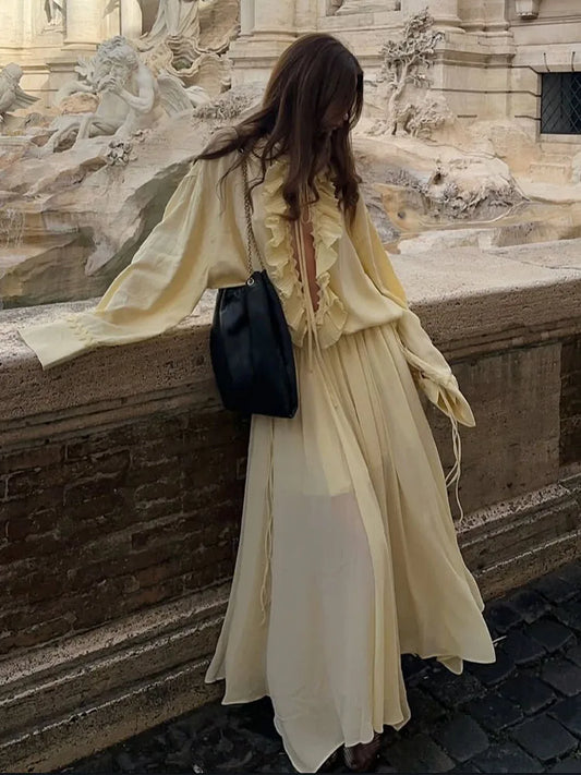 TRAFZA Female Elegant Sets Light Yellow V-Neck Long Sleeves Tierred Decoration Lace-Up Shirts+High Waist Long Skirt Women Suits