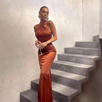 Summer New Sexy Solid Color Slim Fit Sleeveless Backless Dress Women's Fashionable Evening Gown Ankle Length Empire Waist