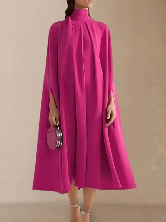 Bonboho Women 2024 Spring Fashion Solid Color Dress High Neck Batwing Sleeves Caped Dresses Female Loose Fit Pleated Midi Dress