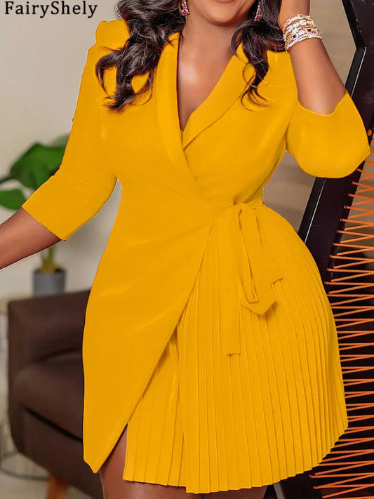 FairyShely Summer Solid Plus Size Folds Dress Women Long Sleeve Large Big Dresses Lady Belt Party Tight Curvy Short Dress