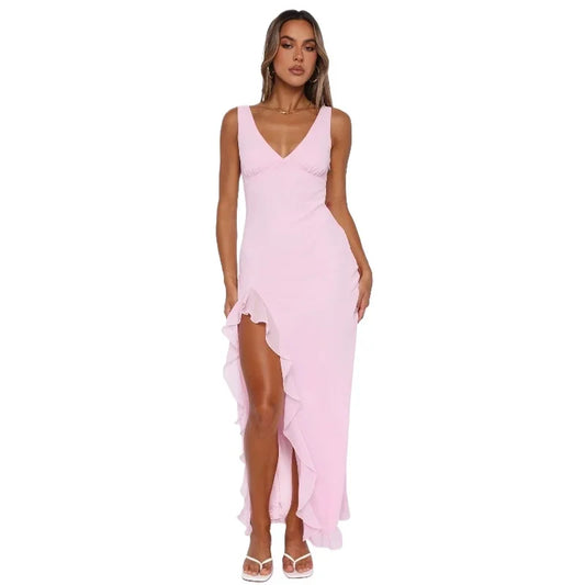 Ruffle Sexy Dresses Elegant Sleeveless cocktail dresses Solid Color V Neck Split Wooden Ear Long Club Party Evening Dresses