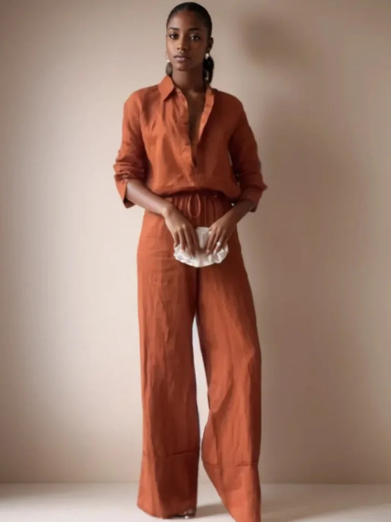 Women's Fashion Casual Linen Shirt Tops Wide Leg Mid-Waist Casual Pants Women Two-piece Sets Streetwear Women Pants Suit