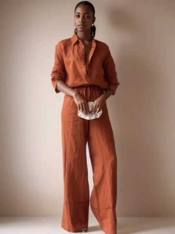 Women's Fashion Casual Linen Shirt Tops Wide Leg Mid-Waist Casual Pants Women Two-piece Sets Streetwear Women Pants Suit