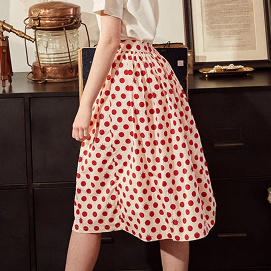 Women's Cotton Skirt 2024 Spring Summer New Elastic Waist Button Decoration A-line Skirt Polka Dot Print Original Unique Design