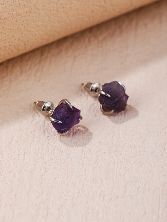 BOROSA New Arrival Silver Color Rough Natural Amethyst Earrings Claw Setting Crystal Stone Stud Earrings Women GH013