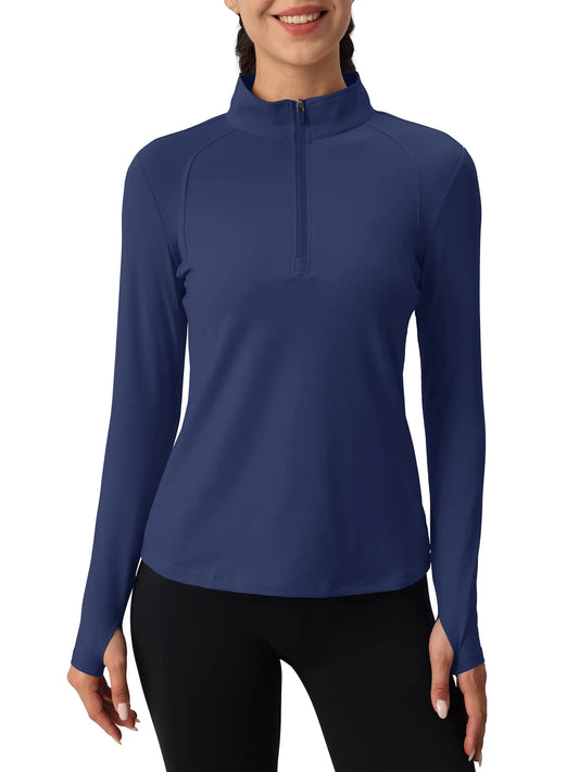1/4 Zip Up Pullovers Womens Long Sleeve Slim Fit Sweatshirts Soft Warm 2 Zipper Pockets Thumb Holes Outdoor Hiking Tops