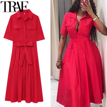 TRAF Red Women's Dress 2025 Short Sleeve Shirt Long Dresses For Woman Pleated Midi Casual Dresses Collared Holiday Dresses 088