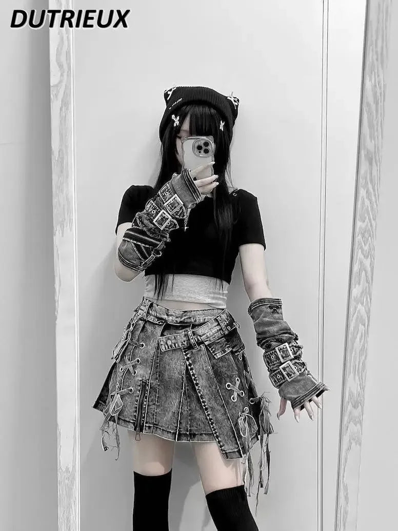 Casual High Waist Skirts for Women Japanese Mine Series Punk Style Summer Autumn Pocket Metal Buckle Denim Cuffs Gloves