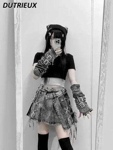Casual High Waist Skirts for Women Japanese Mine Series Punk Style Summer Autumn Pocket Metal Buckle Denim Cuffs Gloves