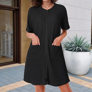 Women's Short Sleeved Knit Bathrobe with Pockets, Zipper Robe, House Dress, Sleepwear, Nightgown