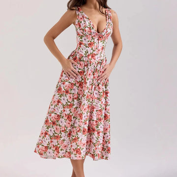 Summer Fresh Slim Fit V-Neck Camisole Print Long Dress for Women Temperament Party Dress
