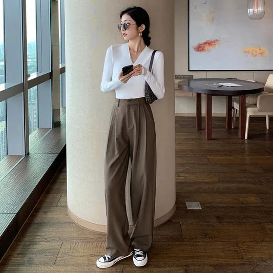 Office Straight Leg Black Work Trousers for Woman Tailoring Clothing Women's Pants Brown Chic and Elegant Autumn Elastic Vintage
