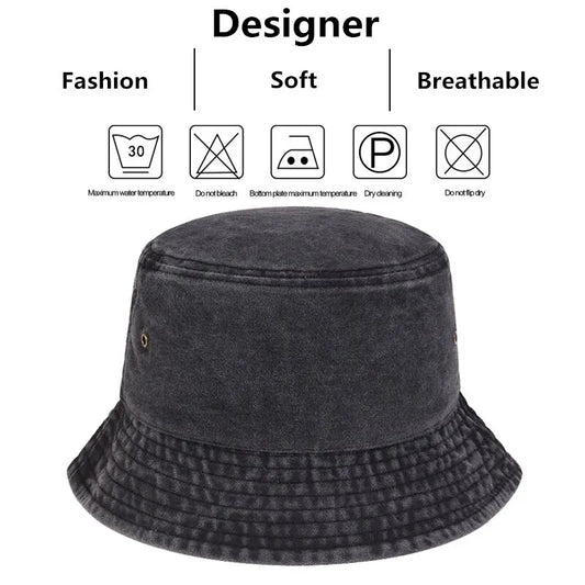 Retro washed denim fisherman hat, fashionable short brimmed basin hat, breathable solid color thin design, spring and summer