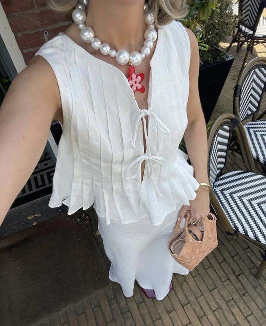 Fashion Bow Lace Up Shirts Women Cotton Linen Hollow Out Sleeveless Pleated Blouses Woman 2024 Summer New Casual Lady White Tops