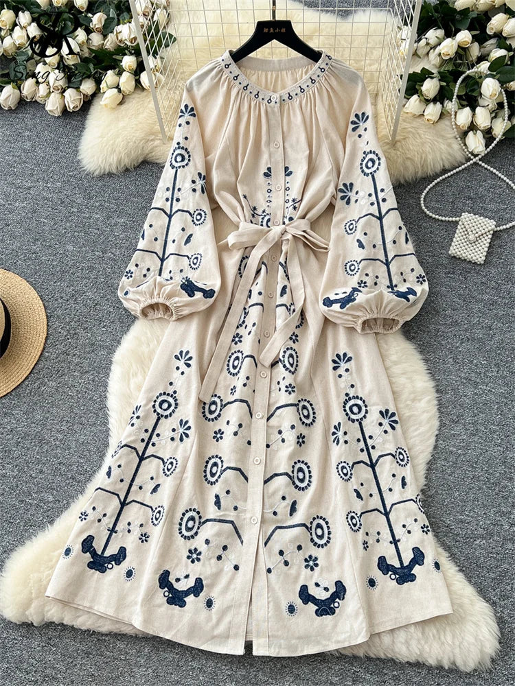 SINGREINY French Vintage Embroidery Dress Female Lantern Sleeve Buttons Lace Up Slim Design Autumn Fashion Vacation Long Dress