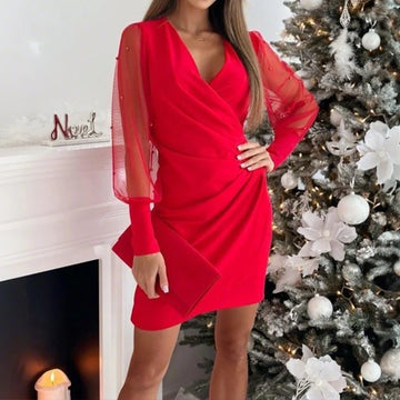 Women Elegant V-Neck Lace Long Sleeve Bodycon Pencil Mini Dress Spring Autumn Ladies Banquet Party Cocktail Ball Gown Size S-2XL
