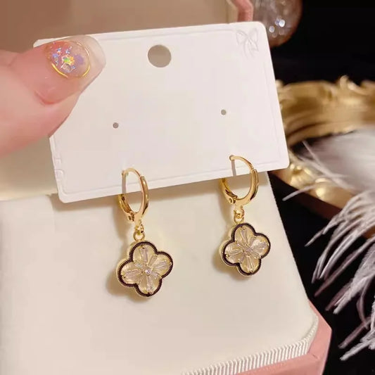 EVISPOL Clover Premium Dangle Hoop Eearring for Women Popular French Small Flower Stud Earrings Flora Pendant Earrings