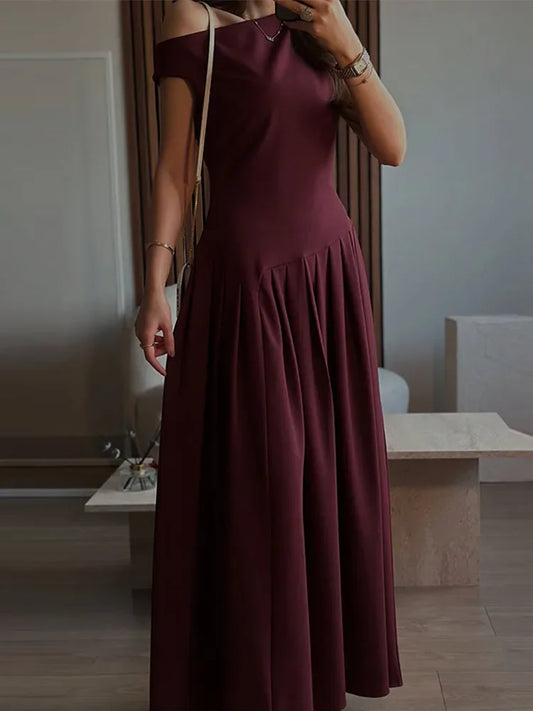 Dress Women Loose Skew Collar Sleeveless A Line Robe Female 2025 Spring Summer Solid Fashion High Waist Dress Lady