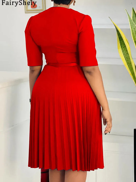 FairyShely 2025 Solid V Neck Plus Size Pleated Dress Women Short Sleeve Large Big Dresses Summer Lady Party Tight Curvy Dress