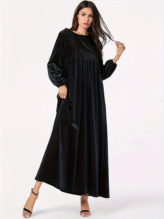 Plus size women's autumn and winter new solid color velvet slim long sleeve swing A-line skirt dress