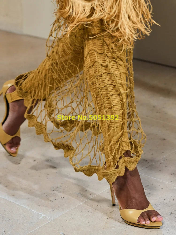 Leather Stiletto Heel Sandals Open Toe Solid Ankle Strap Blue Black Yellow Runway Women 2024 Summer Sandals Concise Shoes