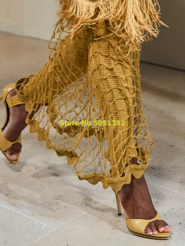 Leather Stiletto Heel Sandals Open Toe Solid Ankle Strap Blue Black Yellow Runway Women 2024 Summer Sandals Concise Shoes