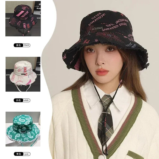 2025 Summer New! Women's Mint Mambo - Colored Oil - Painting Sunscreen Bucket Hat - Big Eaves, Strap for UV Protection