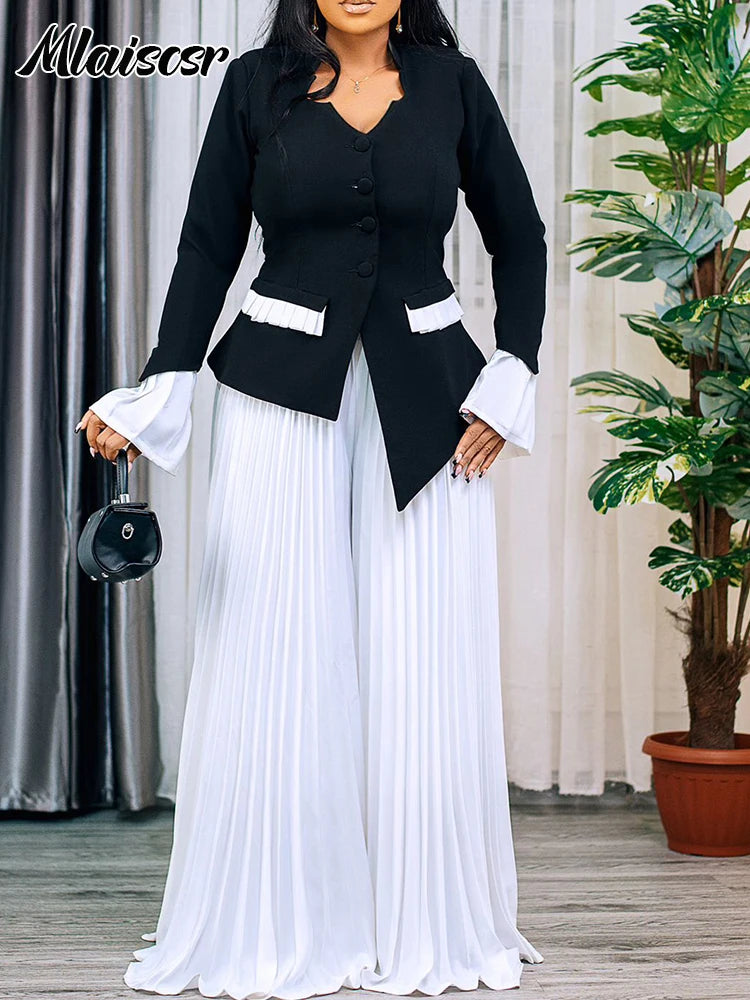 Mlaiscsr Flared Sleeve Button Blazer Shirt Tops and Pleated Wide Leg Pants 2 Two Piece Sets Women Elegant Office Ladies Outfits