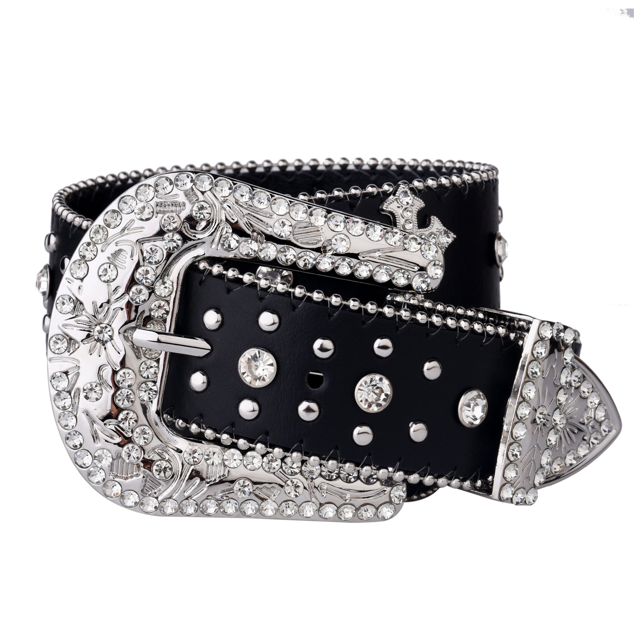 Black Cross Rivet Belt Engraved Buckle Rhinestone Decor PU Belt Hip Hop Jeans Pants Belt Punk Western Cowboy Cowgirl Belts