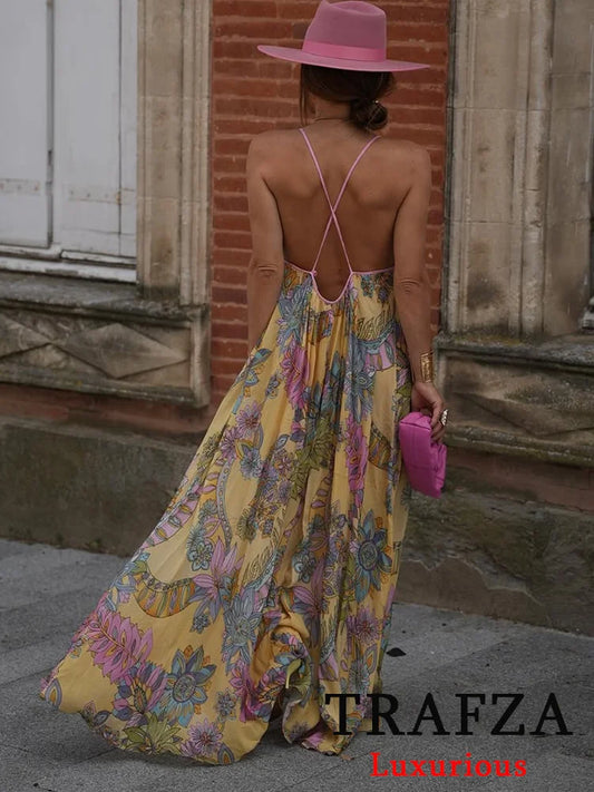 TRAFZA Beach Sexy Chic Women Dress Print Sleeveless Backless Party Dress Fashion 2025 Spring Summer Elegant Evening Club Dress
