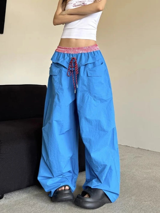 Y2k Lace-up Quick-drying Cargo Pants Women Dopamine Wide-leg Casual Trouser Female Hip Pop Design Streetwear 2025 Sweatpants