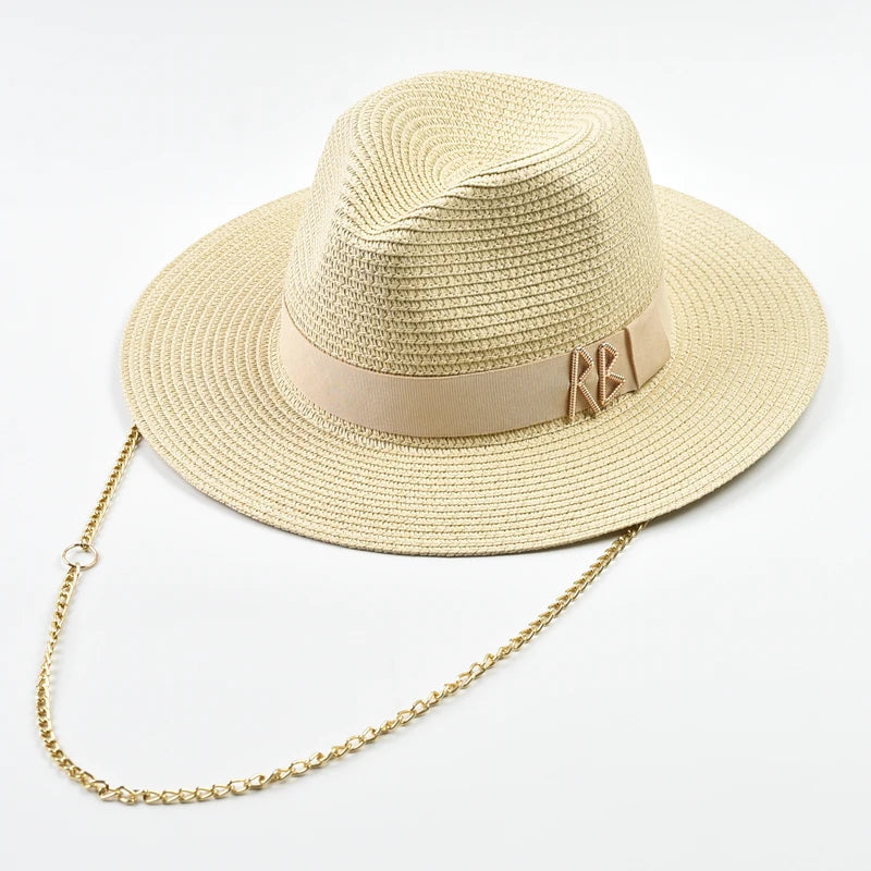 Fashionable Metal RB Letter Straw Hats for Women Men Summer Outdoor Holidays Beach Sun Hat Panama Hat