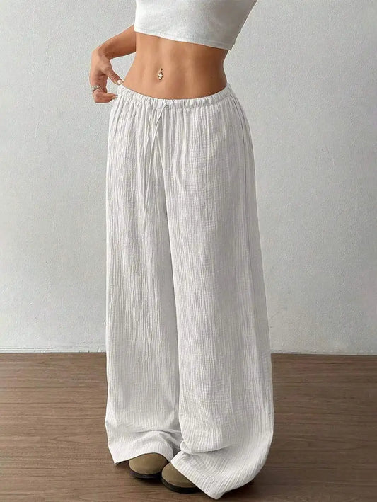 Fashion Women Loose Wide Leg Pants Elegant Solid High Waist Drawstring Office Lady Commute Baggy Pant Casual Sweatpant Trousers