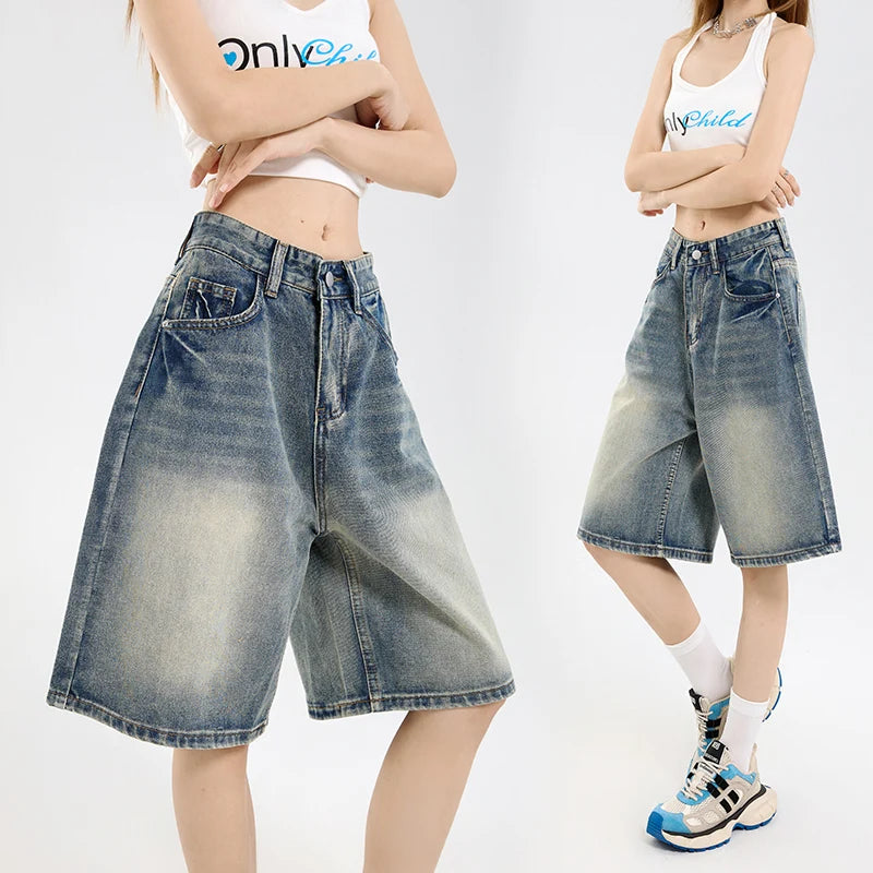 2025 Korean Street Casual Y2K Loose Wide-leg Denim Shorts Five-point Baggy Jeans Women's All-match Straight Summer Hot Shorts