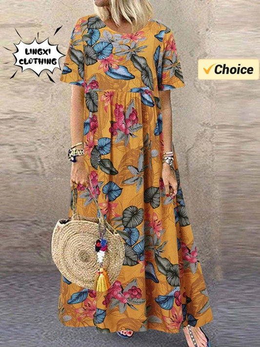 Elegant Party Dress 2024 Women's Elegant Plus Size Skirt Loose Round Neck Short Sleeve Retro Print Casual Women's Long Dress