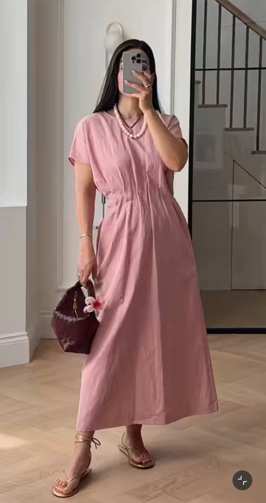 ETJ 2025 summer new TRAF women's ZW series fashion pleated design wide shoulder waist short-sleeved MIDI dress