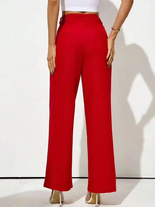 TRZA-Straight Pants with Taps Front Darts for Women, High Waist, Zipper Fly, Side Pockets, Female Trousers, Fashion