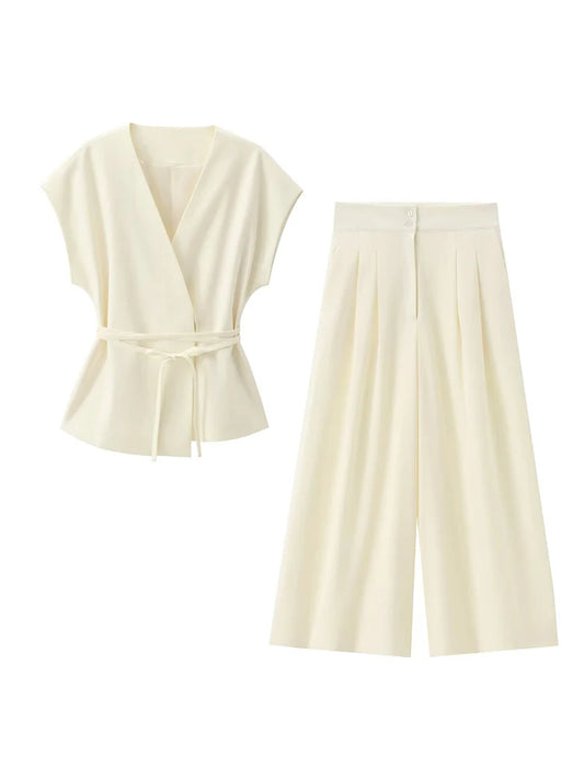 TFMLN Fashion Women's Trouser Suits Sleeveless V-Neck Top With Belt Straight Pants Sets 2025 Spring Summer Commuter 2 Piece Set
