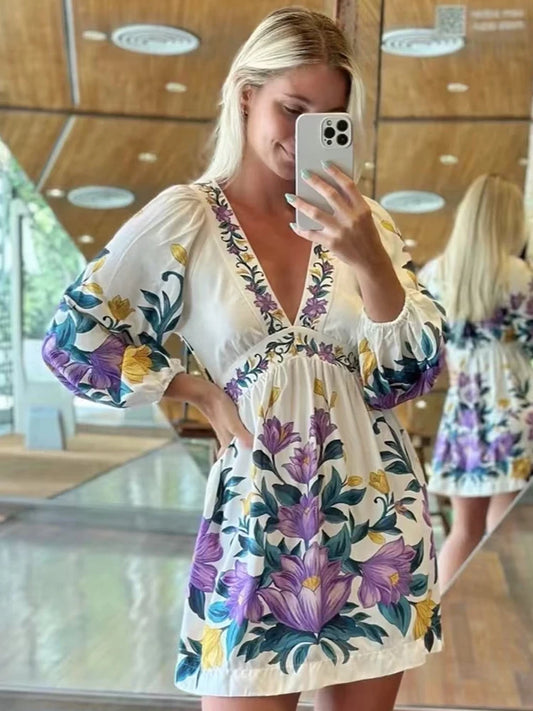 Retro positioning printed deep V-neck cinched waist dress 2025 summer women's fashion high-waisted loose A-line dress