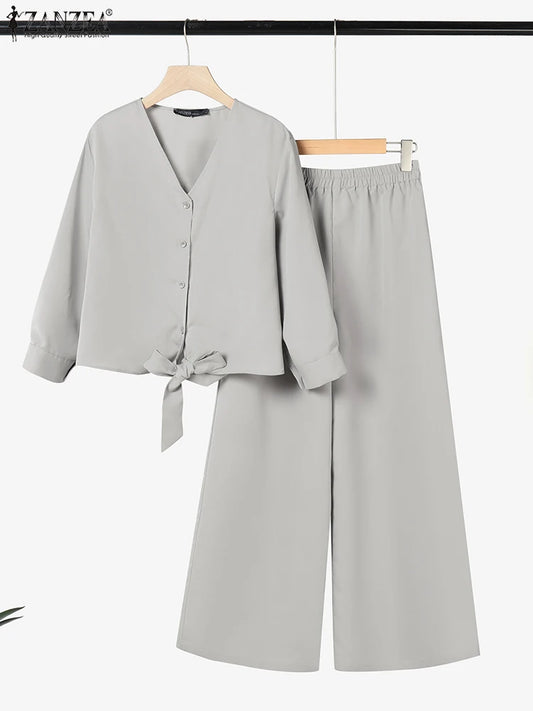 2025 ZANZEA Fashion Long Sleeve Blouse Pant Sets Spring Autumn Outfits 2PCS Women Work Matching Sets Casual Solid OL Tracksuits